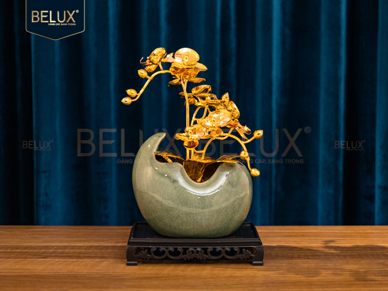 Chậu Lan Mãn Nguyệt mạ vàng 24k&nbsp;18x11x29cm